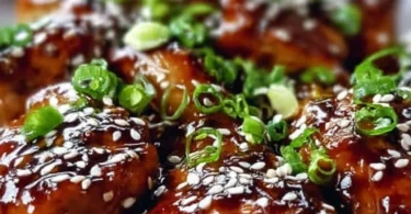 Airfryer Teriyaki-Hähnchen serviert auf einem Teller
