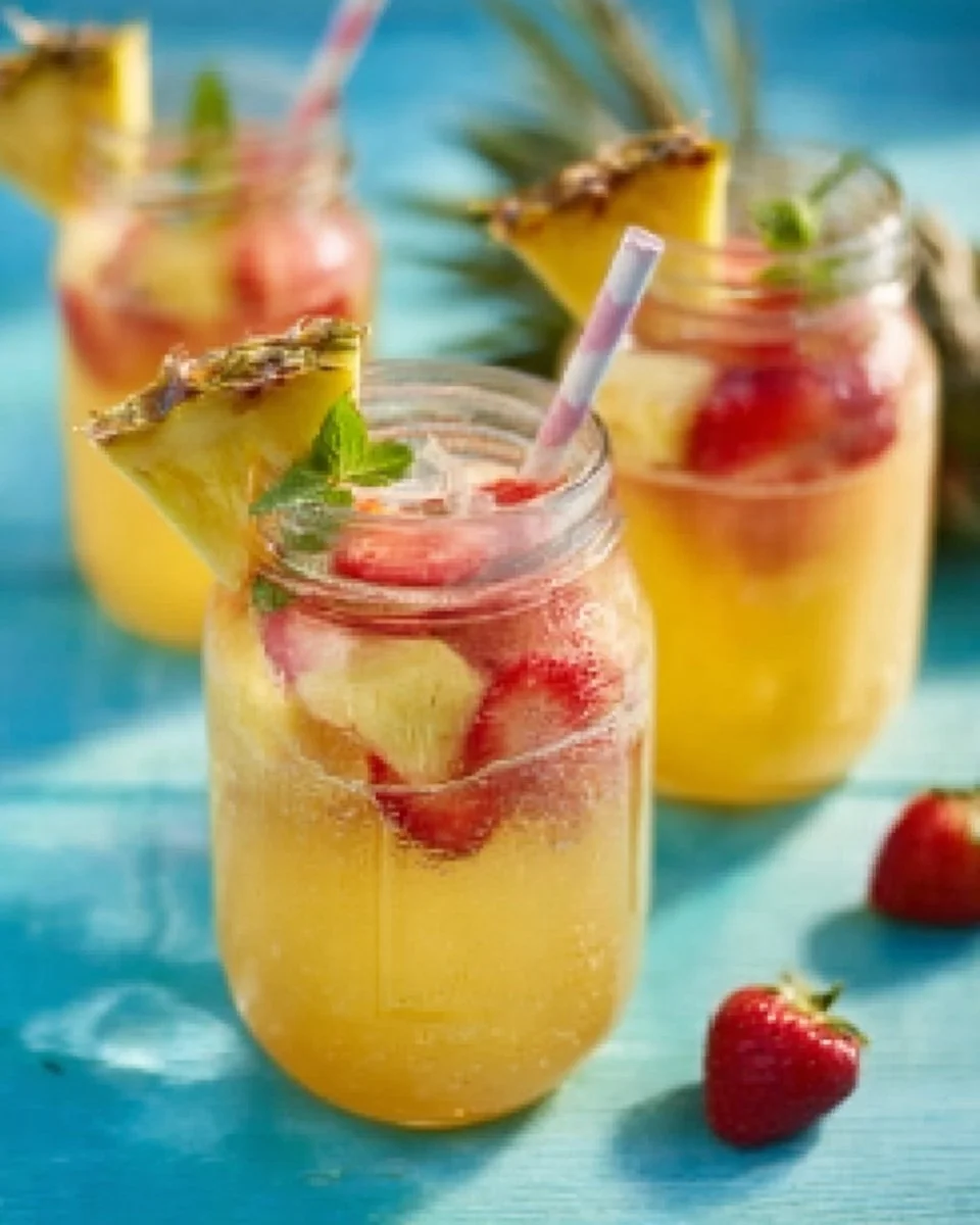 Erfrischende Ananas-Erdbeer-Bowle in einer Glaskaraffe