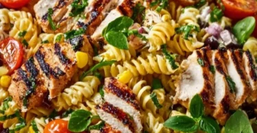 Leckerer BBQ Hähnchen Pasta Salat mit frischen Zutaten und cremigem Dressing.