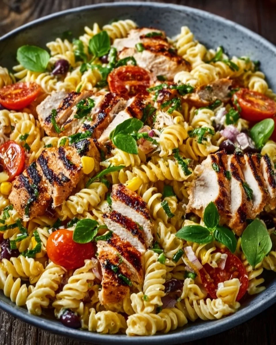Leckerer BBQ Hähnchen Pasta Salat mit frischen Zutaten und cremigem Dressing.