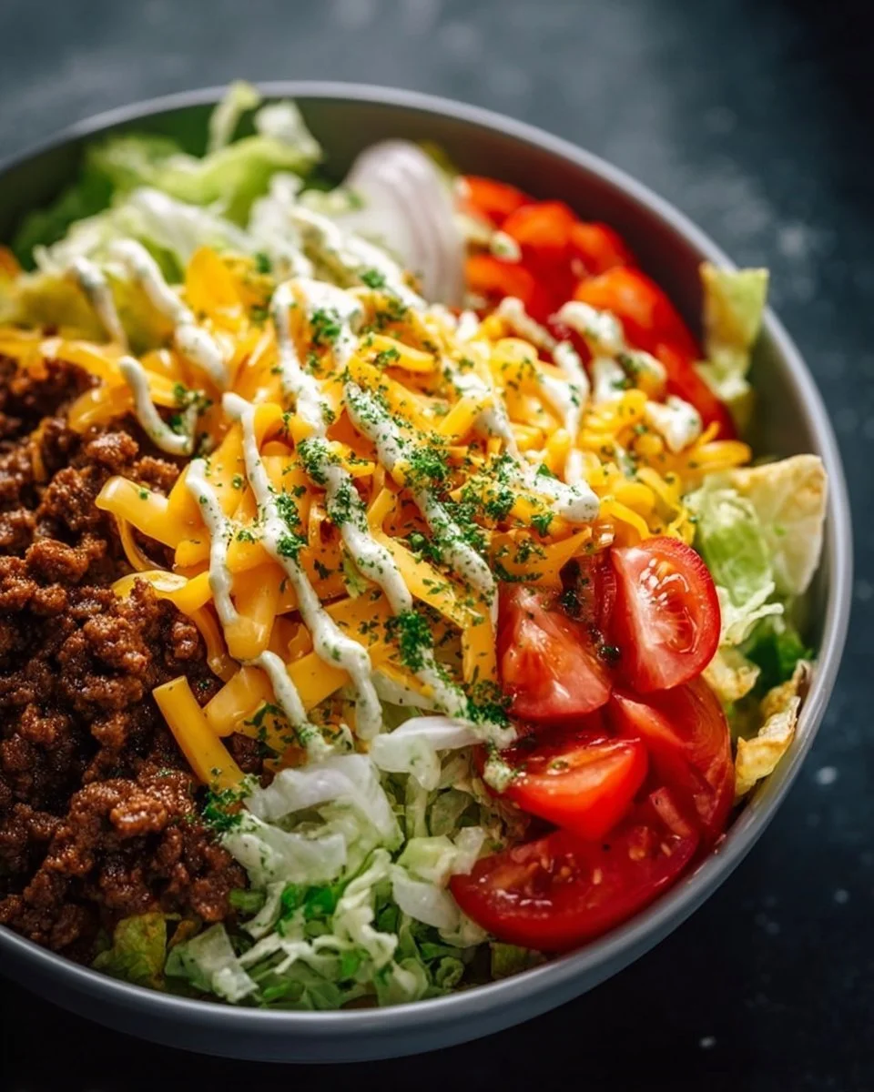 Big Mac Cheeseburger Salat Bowl mit frischem Gemüse und Soße