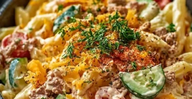 Ein köstlicher Big Mac Nudelsalat auf einem Teller serviert.