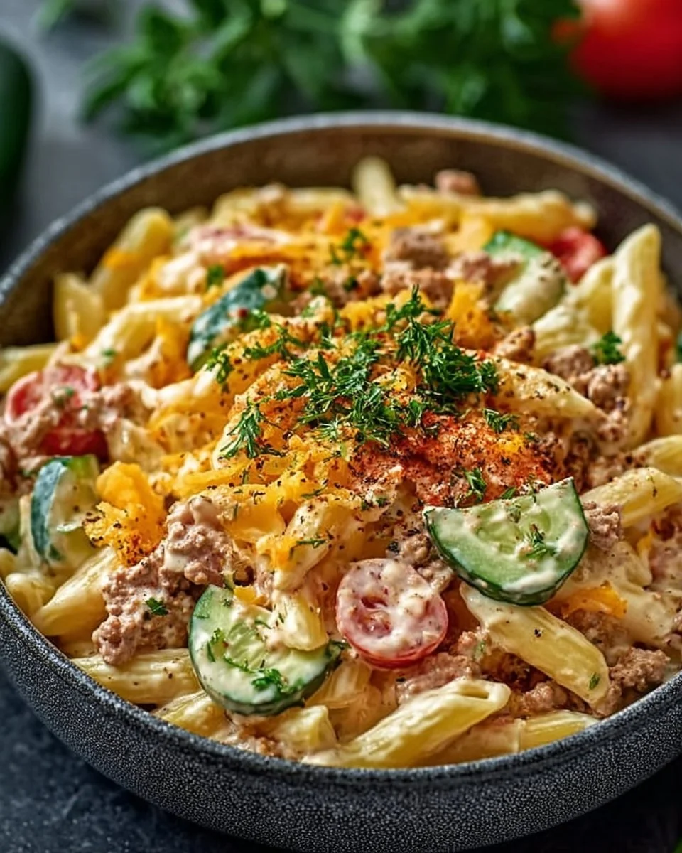 Ein köstlicher Big Mac Nudelsalat auf einem Teller serviert.