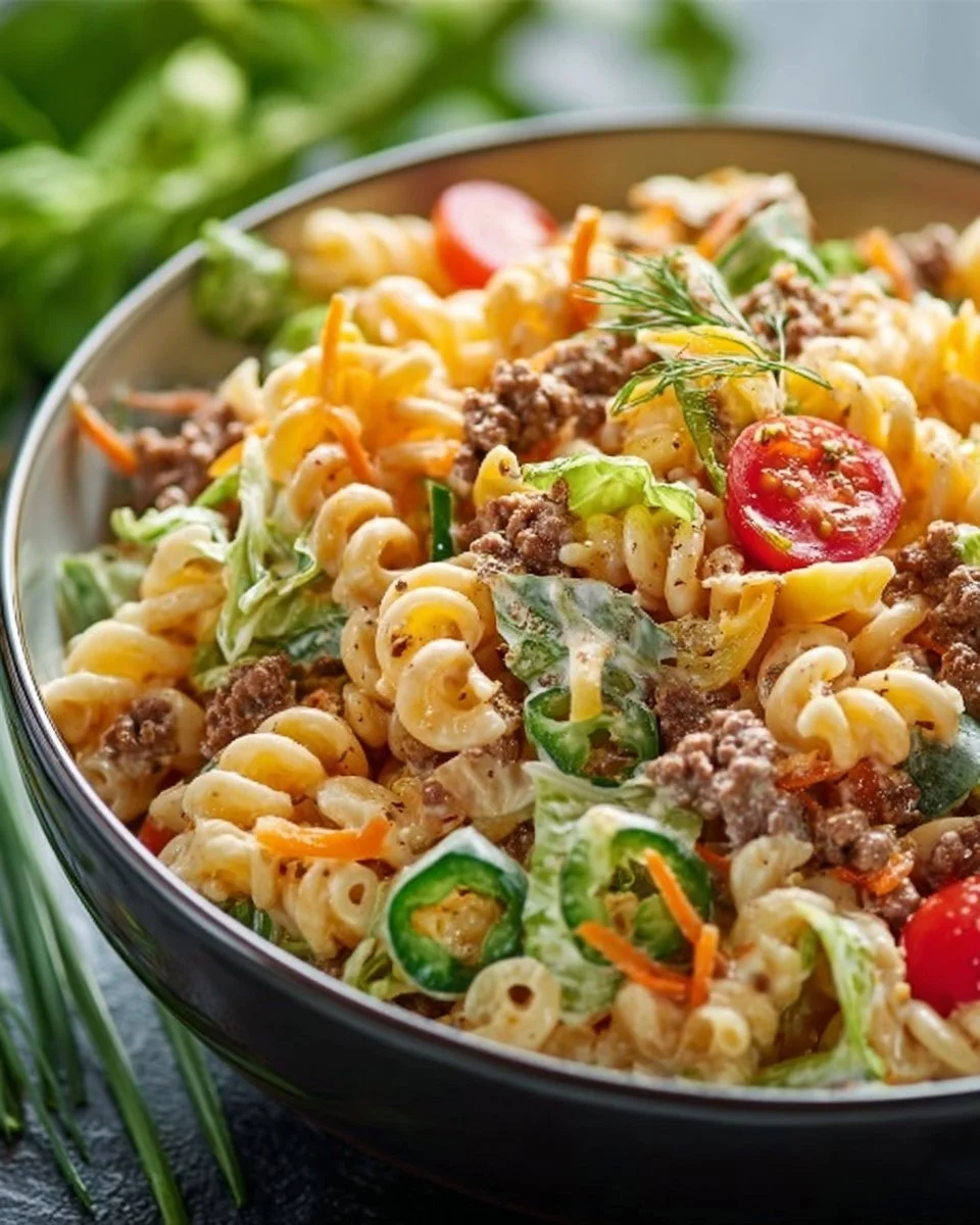 Big Mac Nudelsalat in einer Schüssel, inspiriert vom klassischen Burger.