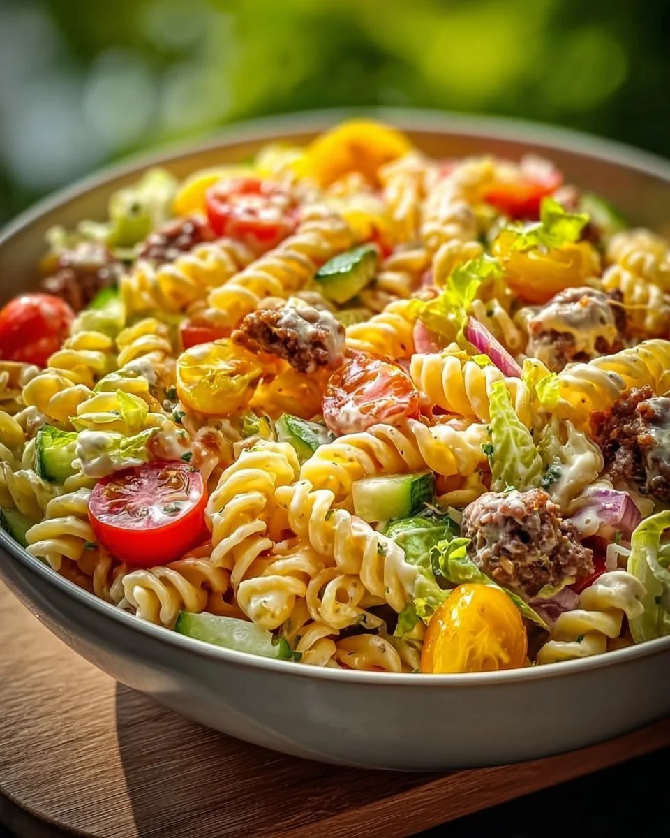 Big Mac Pasta Salat mit frischen Zutaten und würziger Soße