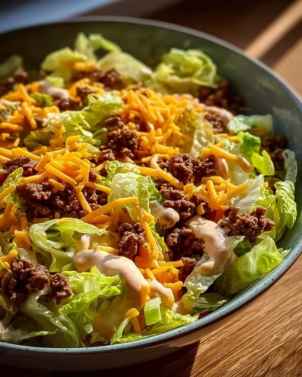 Großer Teller mit frischem Big Mac Salat, inspiriert vom klassischen Big Mac.