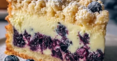 Leckerer Blaubeerkuchen mit Pudding und Streusel auf einem Teller