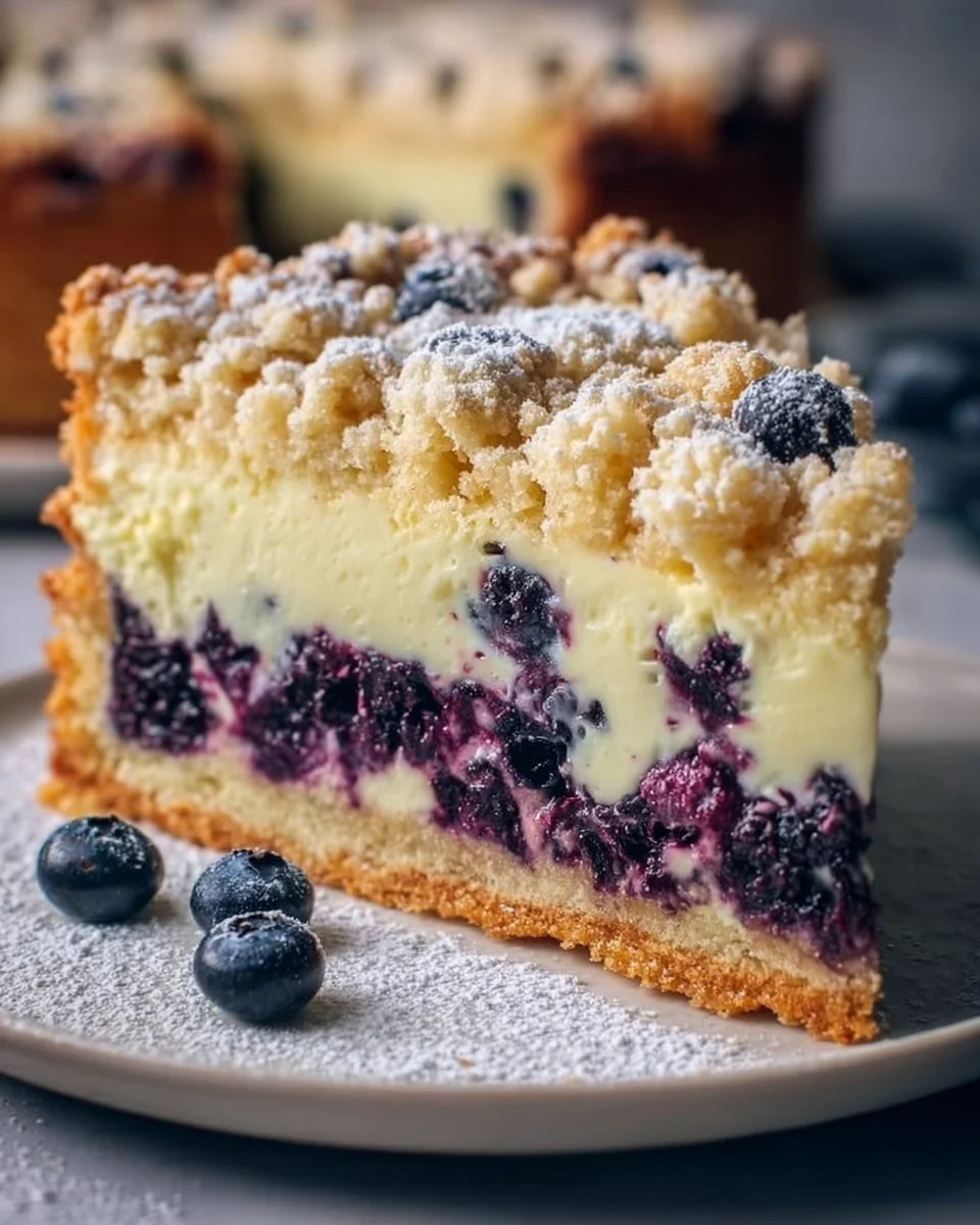 Leckerer Blaubeerkuchen mit Pudding und Streusel auf einem Teller
