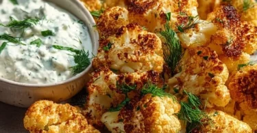 Blumenkohl aus dem Airfryer mit Kräuterquark auf einem Teller serviert.