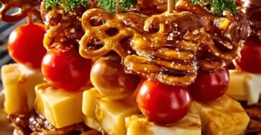 Brezel-Käse-Spieße serviert mit süßem Senf auf einem Teller.