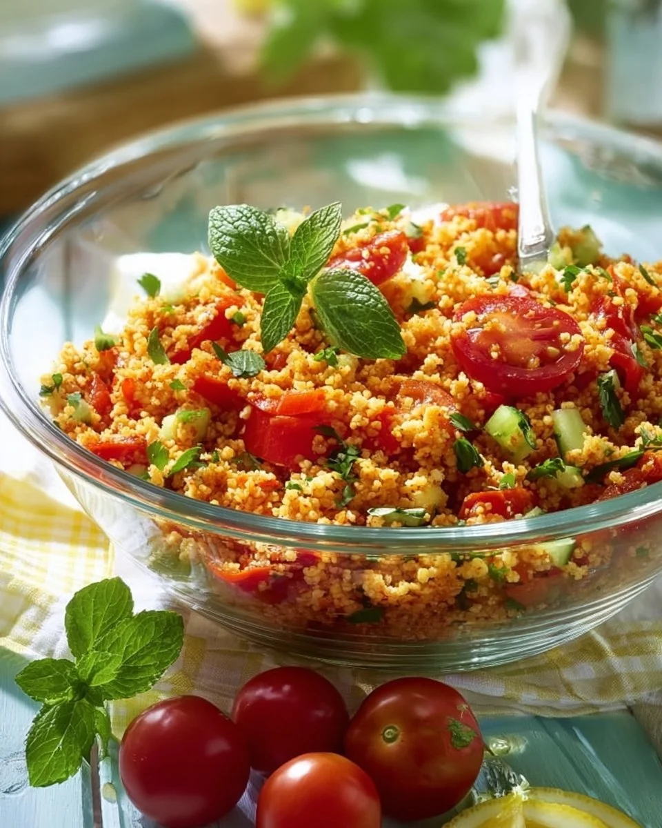 Verschiedene Zutaten für einen frischen Bulgursalat auf einem Tisch.