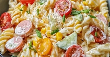 Bunter Nudelsalat mit Mayonnaise in einer bunten Schüssel serviert