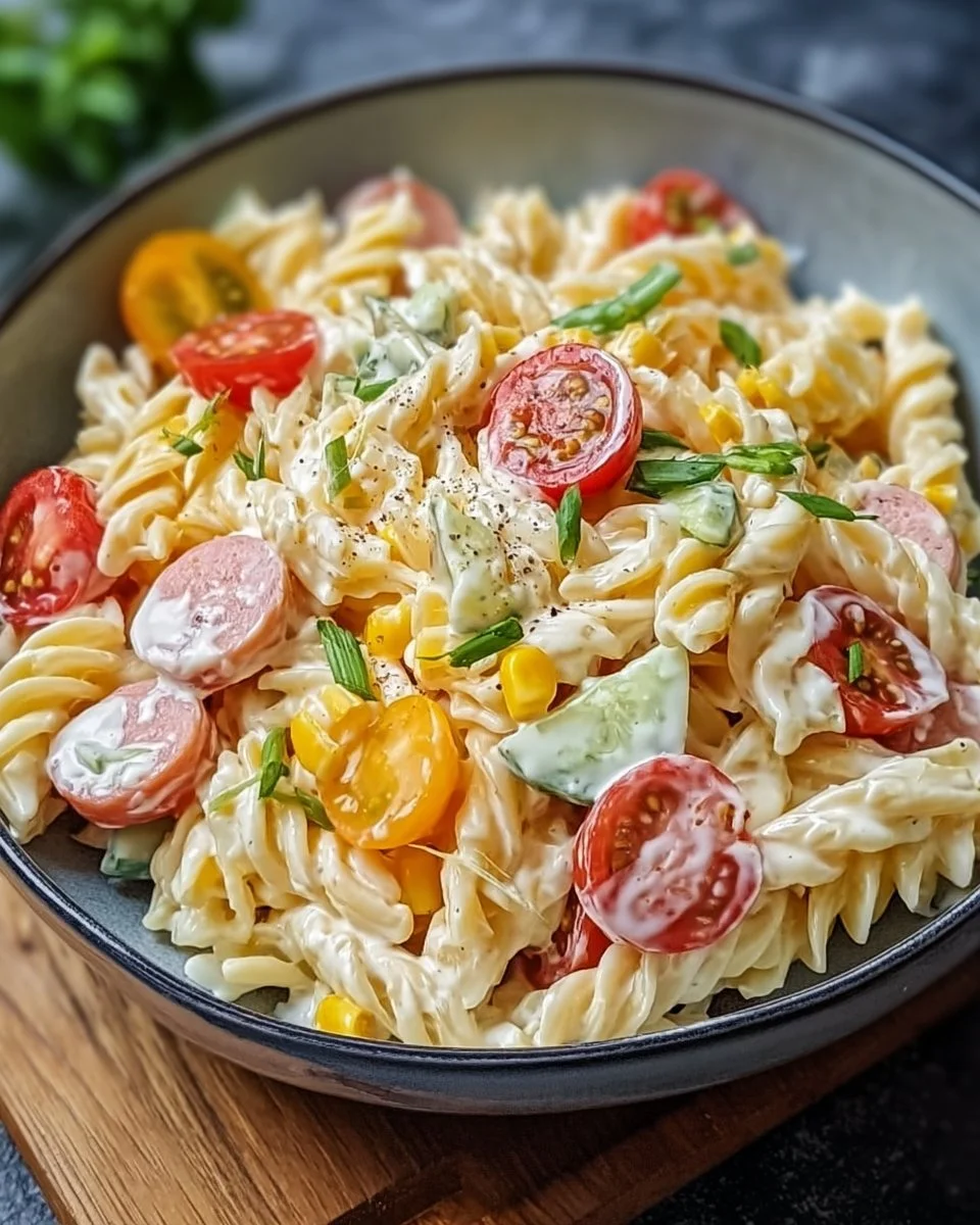 Bunter Nudelsalat mit Mayonnaise in einer bunten Schüssel serviert