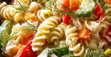 Cremiger Nudelsalat mit frischen Zutaten auf einem Teller angerichtet.