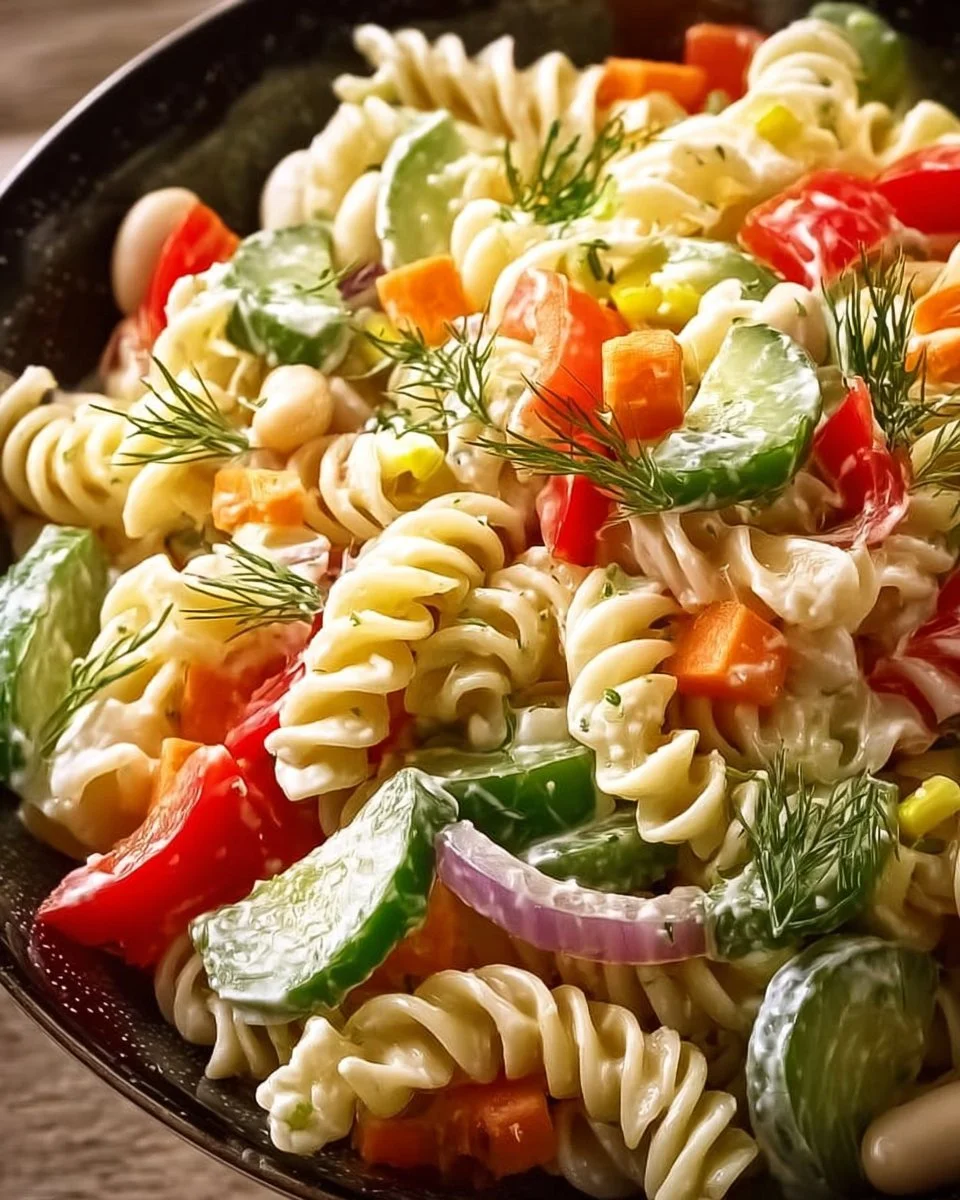 Cremiger Nudelsalat mit frischen Zutaten auf einem Teller angerichtet.