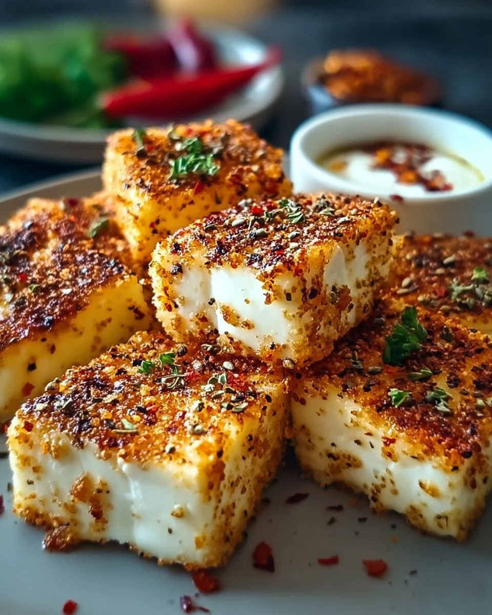 Crispy Feta aus dem Airfryer auf einem Teller serviert