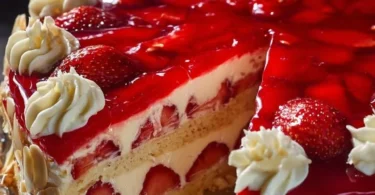 Ein leckerer Erdbeerkuchen mit frischen Erdbeeren und Sahne