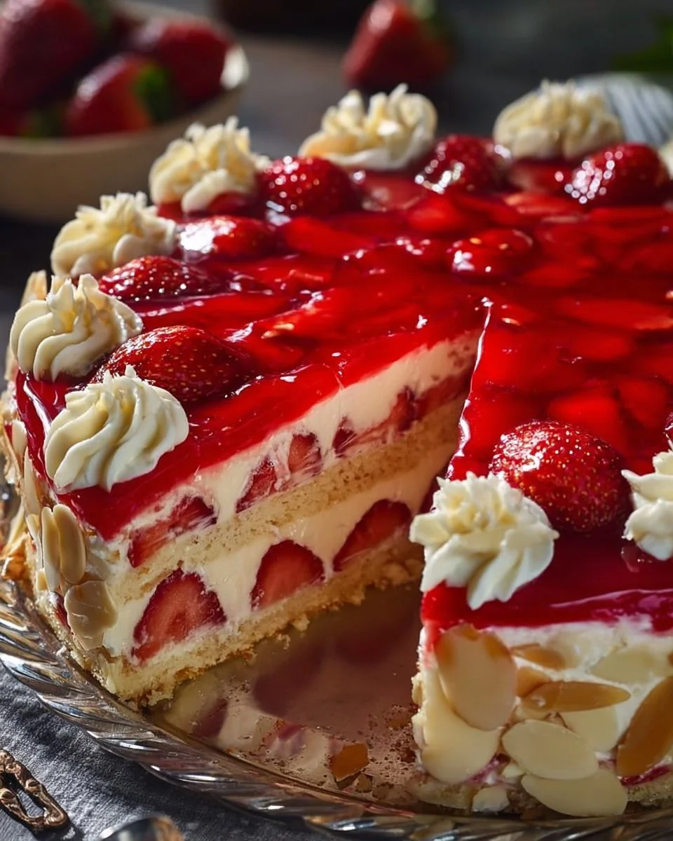 Ein leckerer Erdbeerkuchen mit frischen Erdbeeren und Sahne