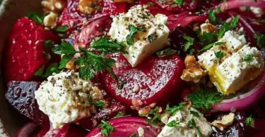 Einfacher Rote-Bete-und-Fetakäse-Salat auf einem schönen Teller