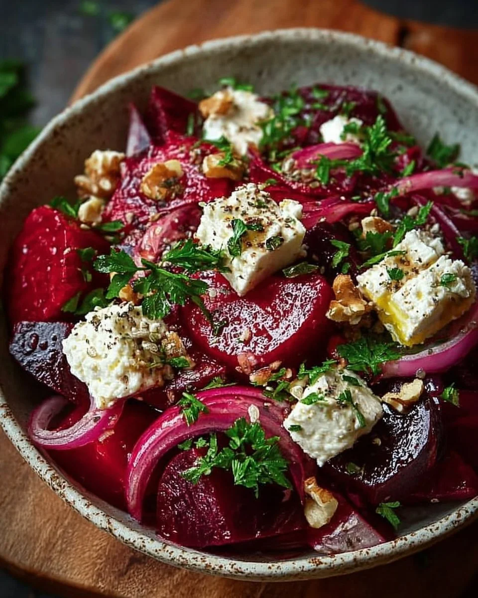 Einfacher Rote-Bete-und-Fetakäse-Salat auf einem schönen Teller