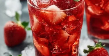 Erfrischender Erdbeer-Eistee in einem Glas mit frischen Erdbeeren dekoriert