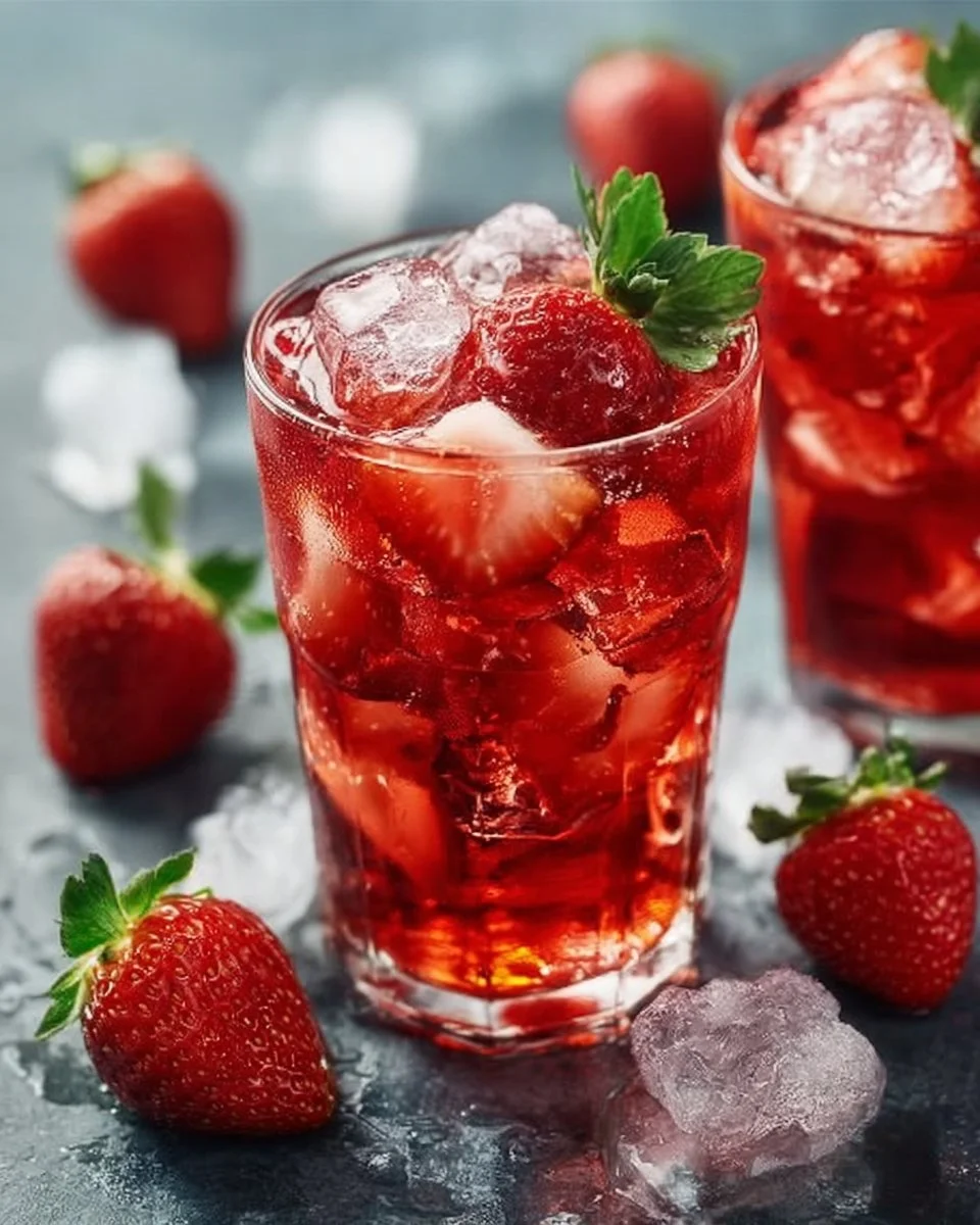 Erfrischender Erdbeer-Eistee in einem Glas mit frischen Erdbeeren dekoriert