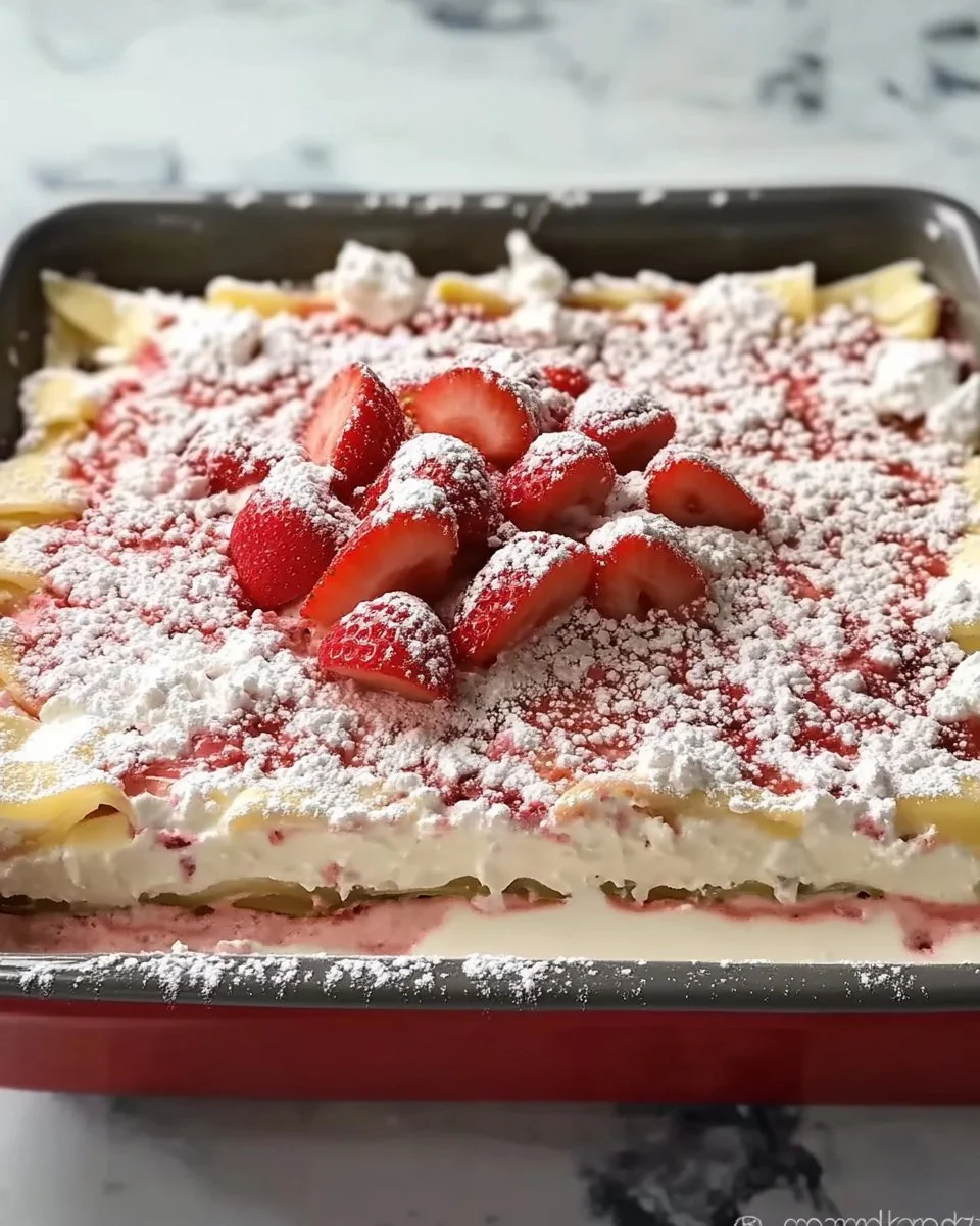 Erdbeer-Lasagne mit frischen Erdbeeren und cremigem Topping auf einem Teller