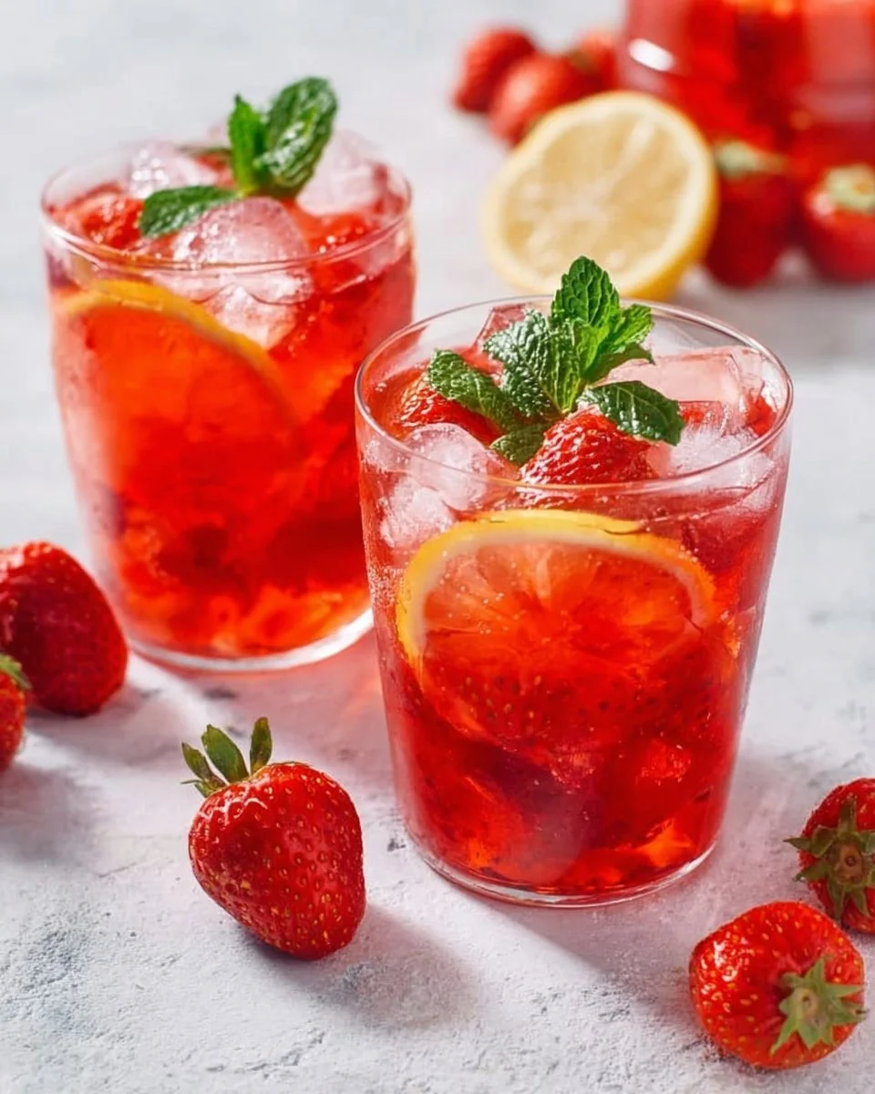 Selbstgemachte Erdbeer Limonade in einem Glas mit frischen Erdbeeren.