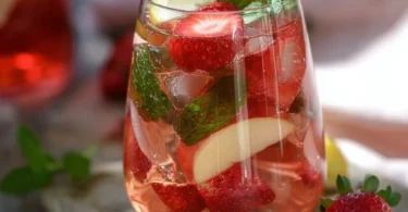 Erdbeer-Minz-Bowle in einer eleganten Servierkaraffe mit frischen Erdbeeren und Minze