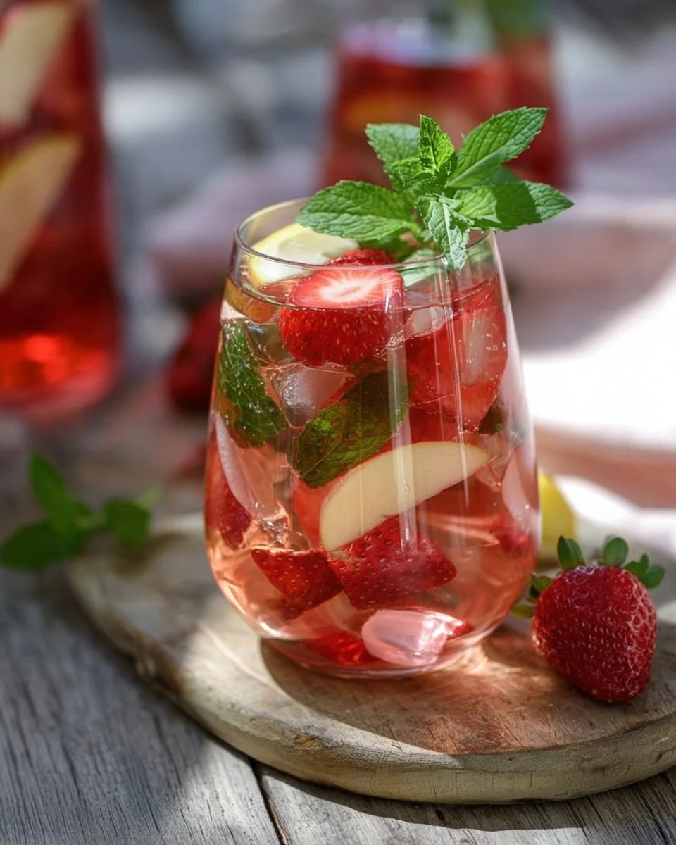 Erdbeer-Minz-Bowle in einer eleganten Servierkaraffe mit frischen Erdbeeren und Minze