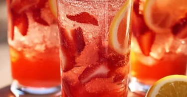 Erfrischende Erdbeer-Minze-Limonade im Glas mit frischen Erdbeeren und Minzblättern.