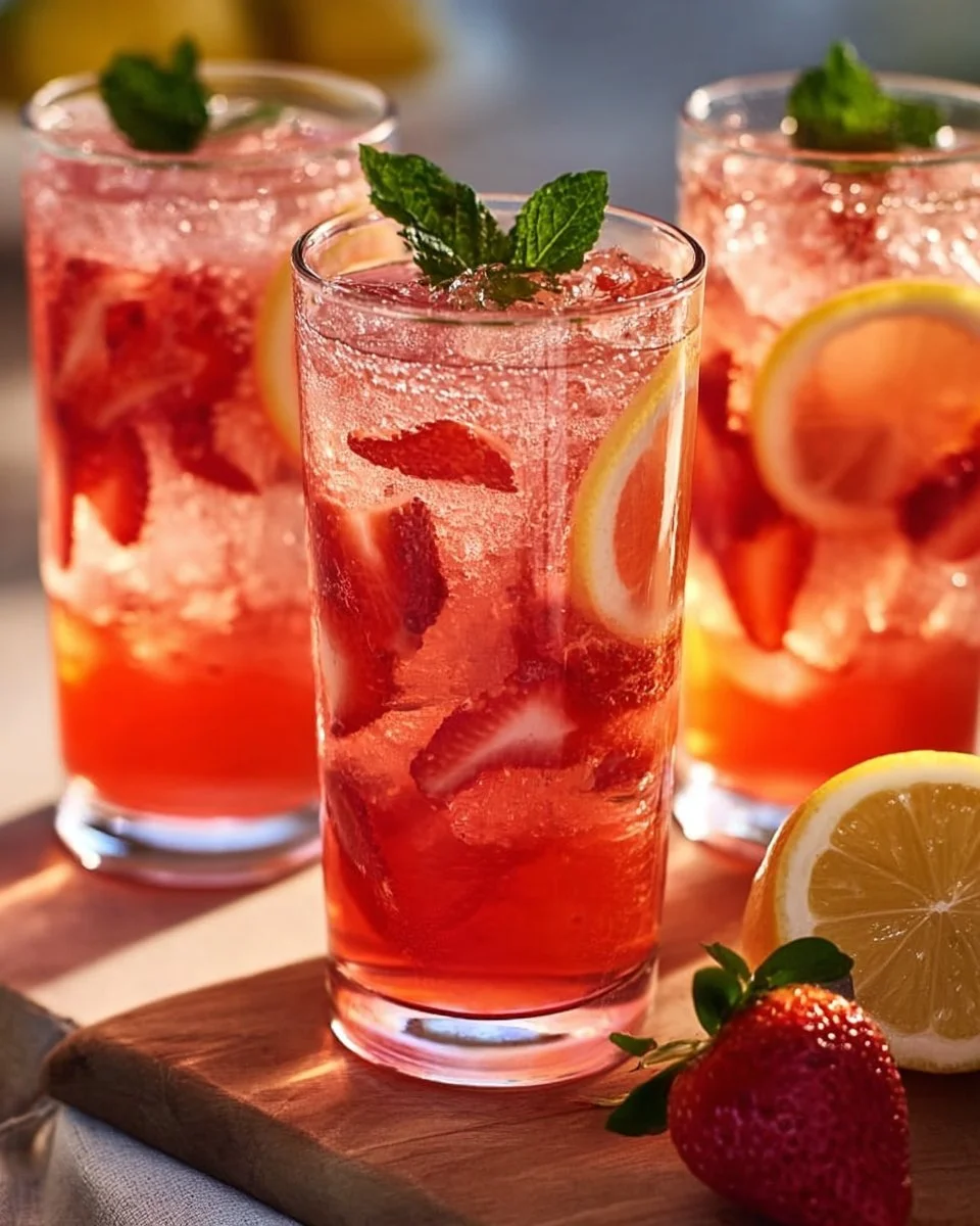 Erfrischende Erdbeer-Minze-Limonade im Glas mit frischen Erdbeeren und Minzblättern.
