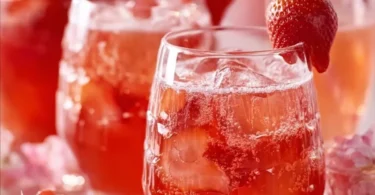 Erdbeerbowle mit frischen Erdbeeren und Sekt serviert in einem Glas.
