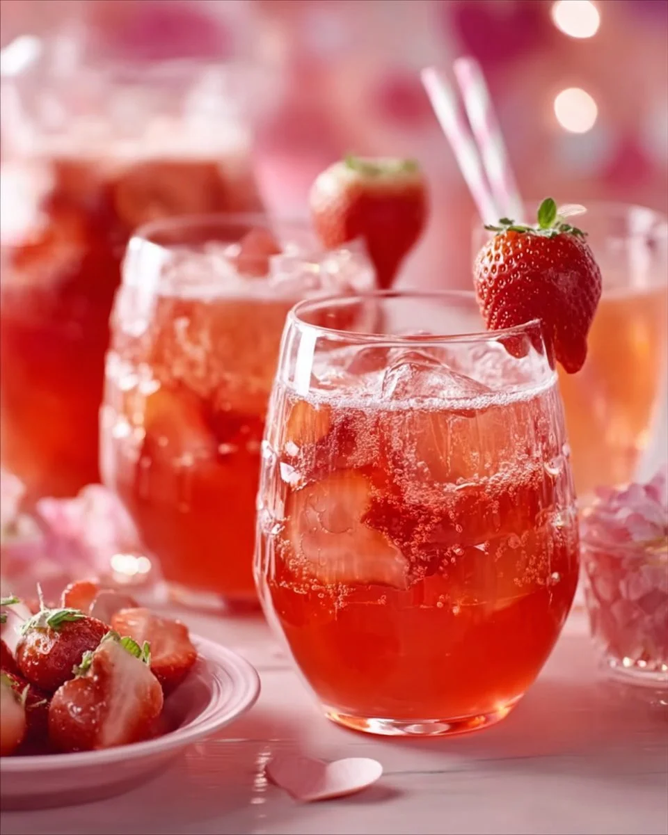 Erdbeerbowle mit frischen Erdbeeren und Sekt serviert in einem Glas.