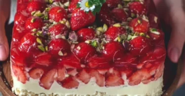 Erdbeerkuchen vom Blech mit Vanillepudding, frische Erdbeeren und fluffiger Teig.