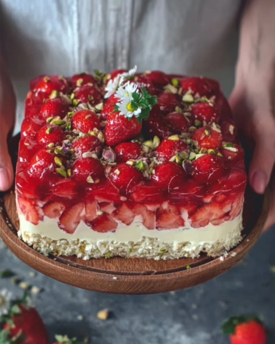 Erdbeerkuchen vom Blech mit Vanillepudding, frische Erdbeeren und fluffiger Teig.