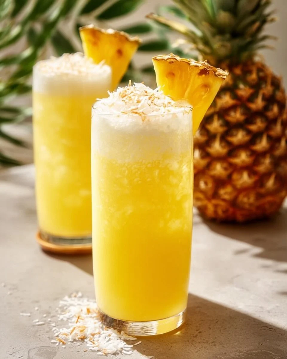 Erfrischende Ananaslimonade in einem Glas mit Eis und frischen Ananasstücken