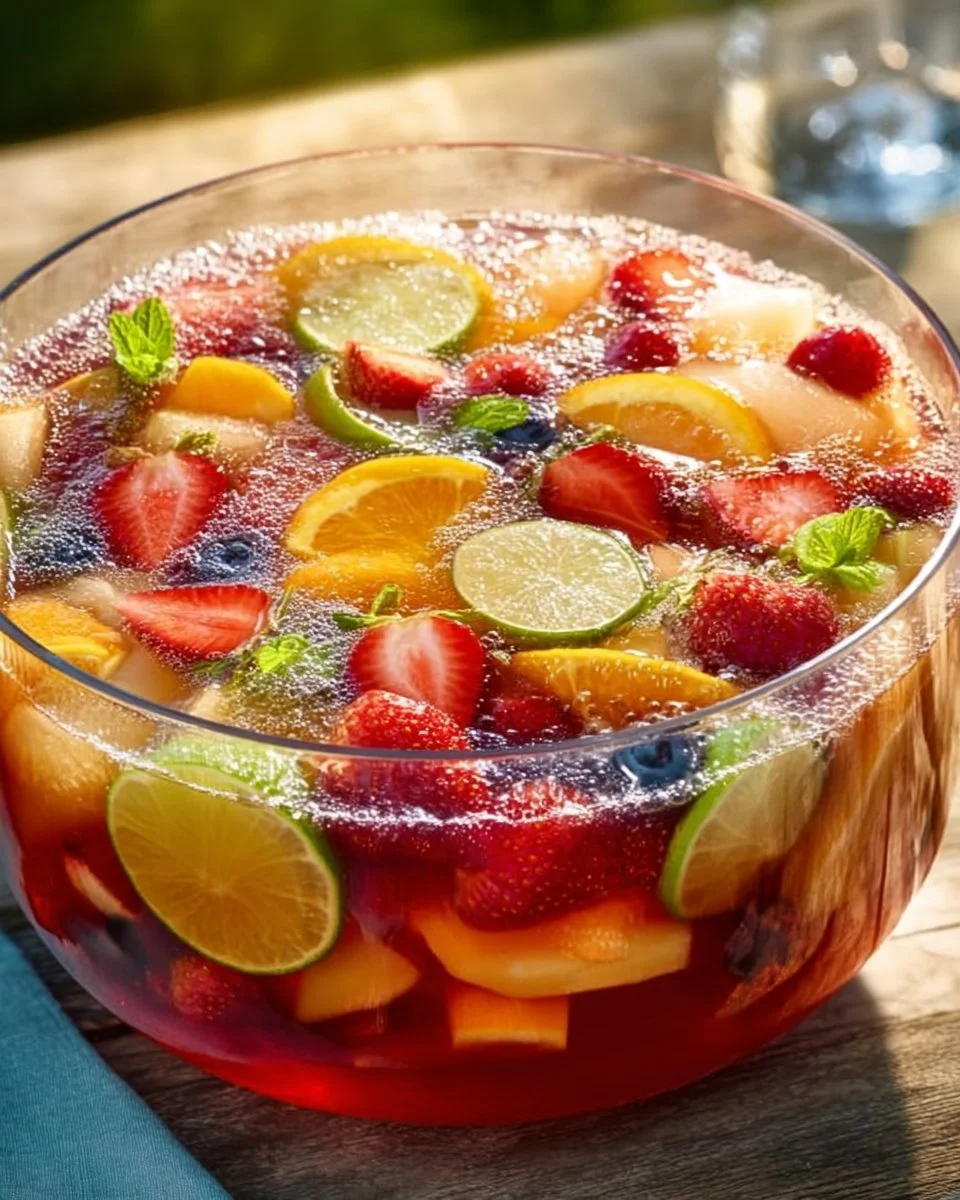 Erfrischende Bowle in einer dekorativen Schüssel mit Früchten und Eis.