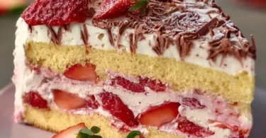 Fantakuchen mit frischen Erdbeeren auf einem Teller serviert