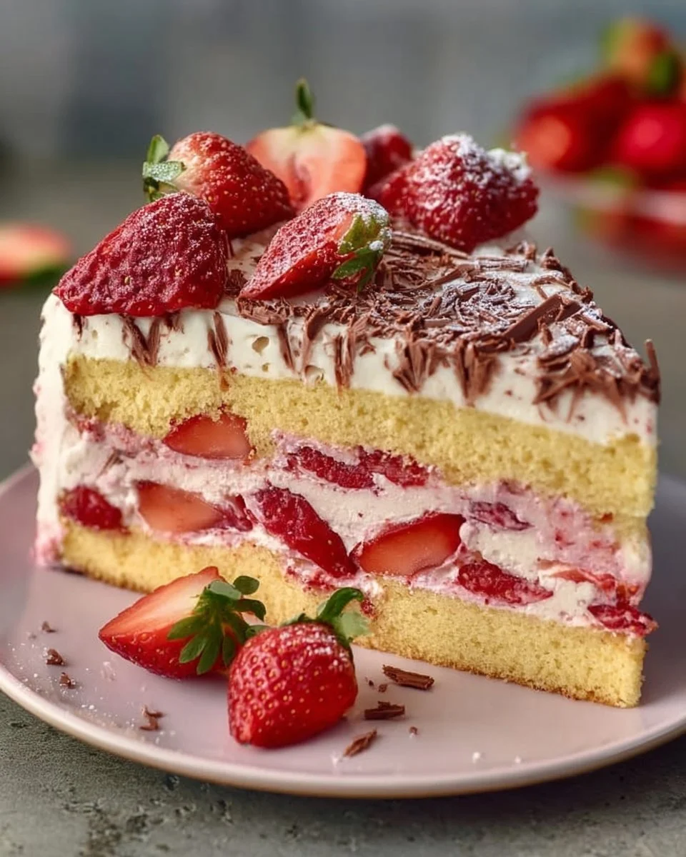 Fantakuchen mit frischen Erdbeeren auf einem Teller serviert