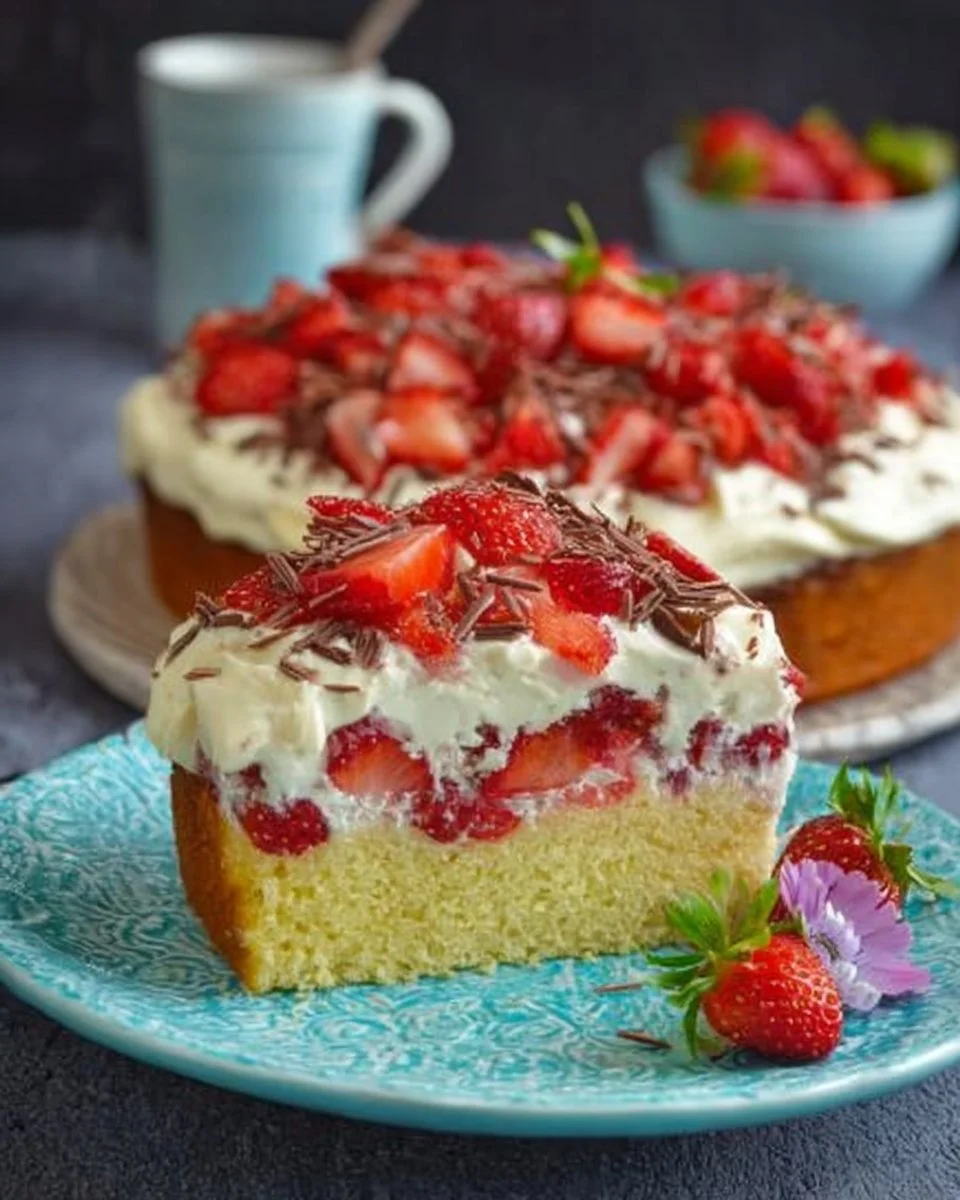 Fantakuchen mit Schmand und Erdbeeren auf einem Teller serviert
