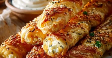 Köstliche Feta-Sticks im Blätterteig, frisch auf einem Teller serviert.