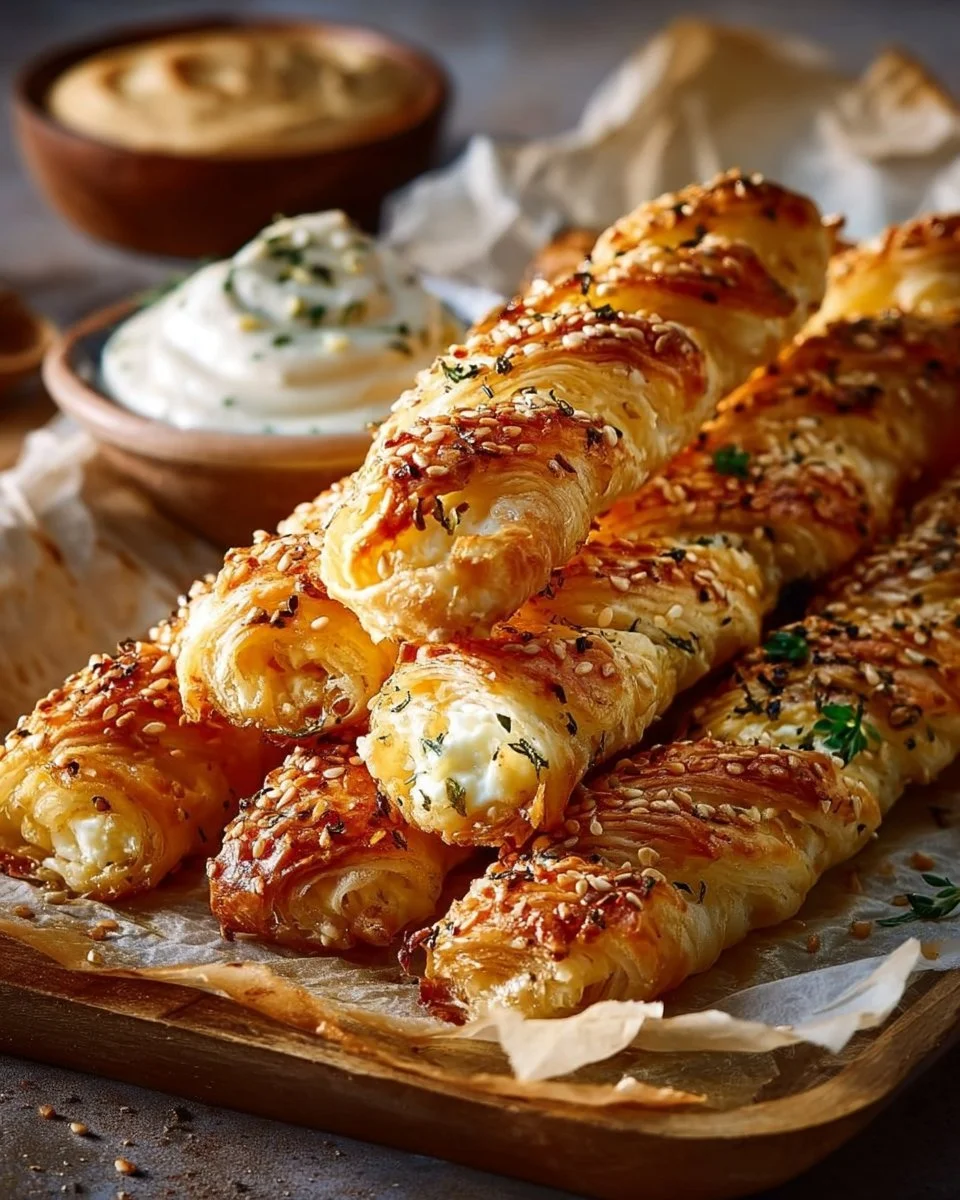 Köstliche Feta-Sticks im Blätterteig, frisch auf einem Teller serviert.