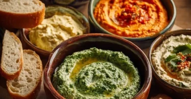 Frische Dips für Brot auf einem rustikalen Holzbrett serviert