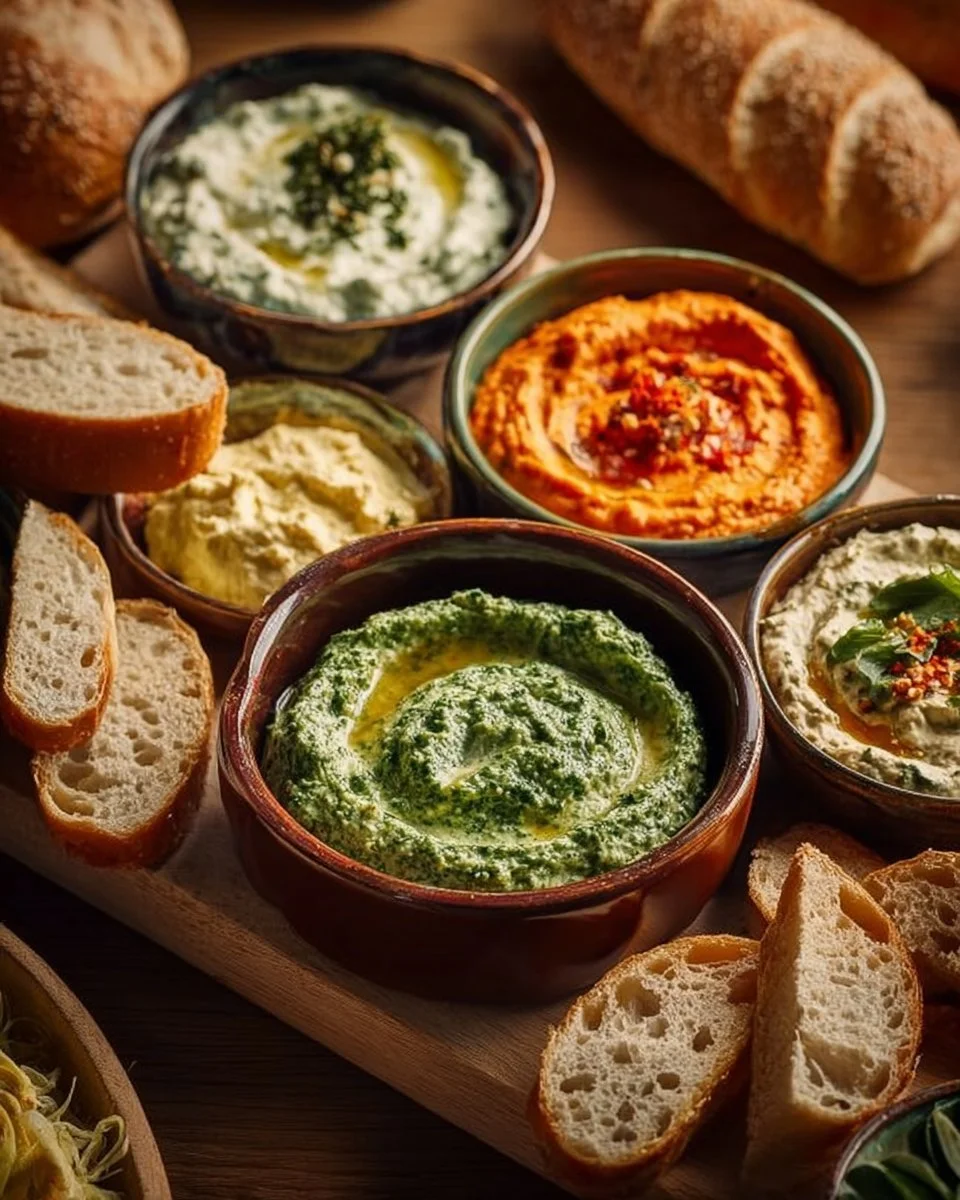 Frische Dips für Brot auf einem rustikalen Holzbrett serviert