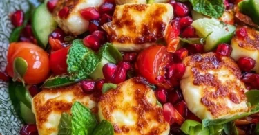 Frischer Halloumi-Granatapfel-Salat mit buntem Gemüse und Kräutern
