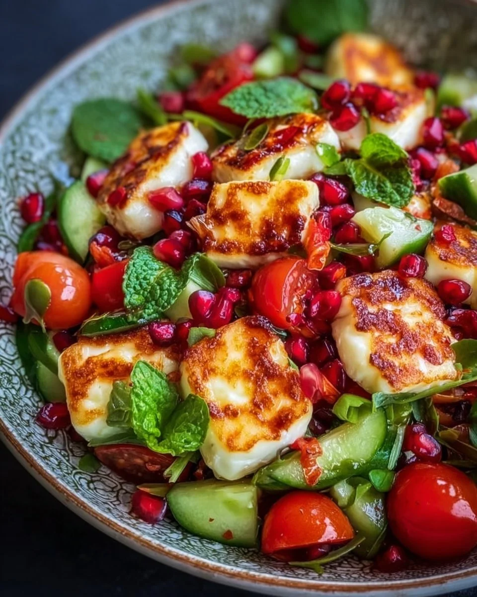 Frischer Halloumi-Granatapfel-Salat mit buntem Gemüse und Kräutern