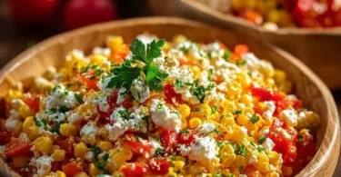 Frischer Paprika-Mais-Salat mit Feta-Dressing in einer bunten Schüssel serviert