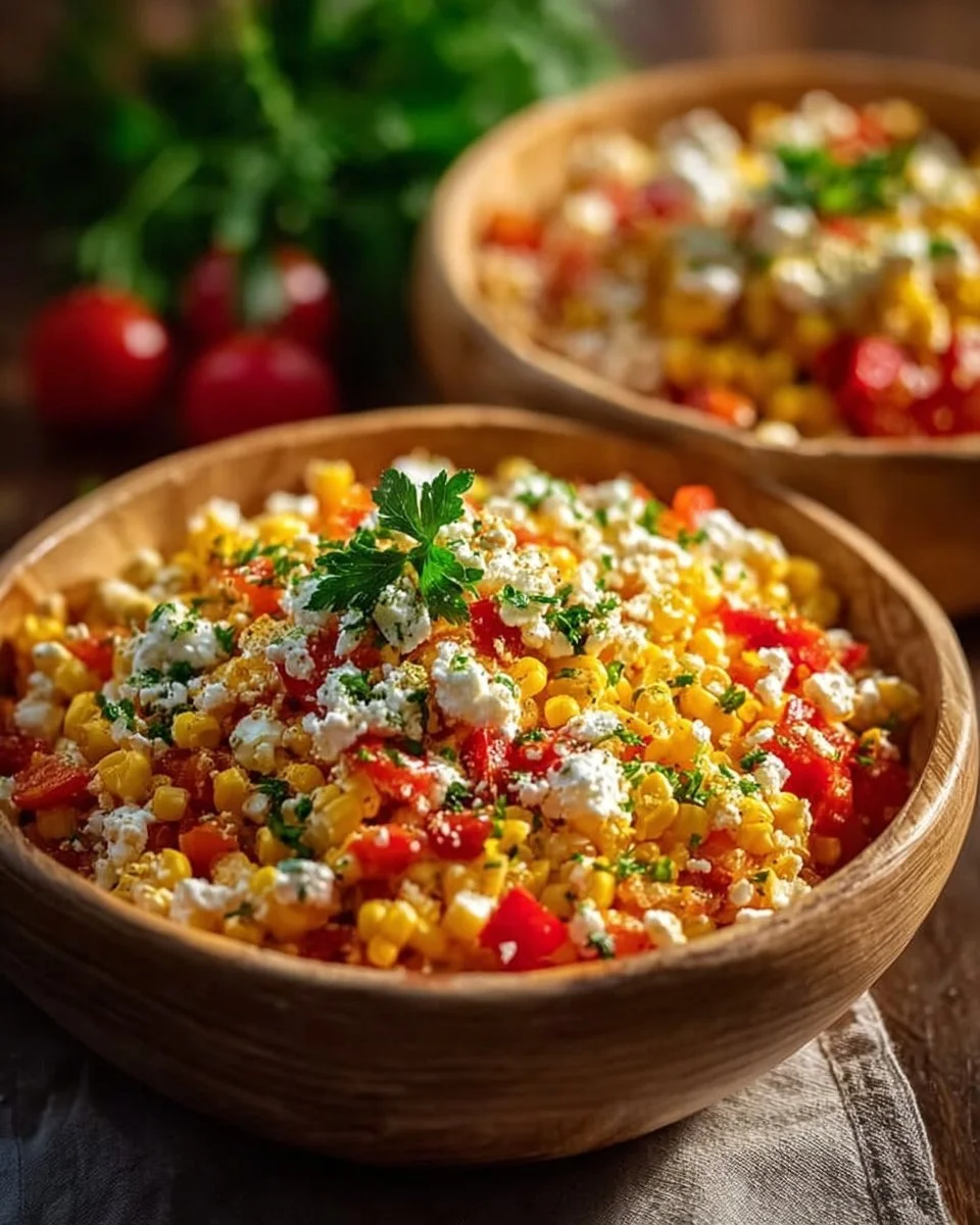 Frischer Paprika-Mais-Salat mit Feta-Dressing in einer bunten Schüssel serviert