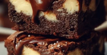Frischkäse-Brownies mit schokoladigem Belag auf einem Teller serviert.